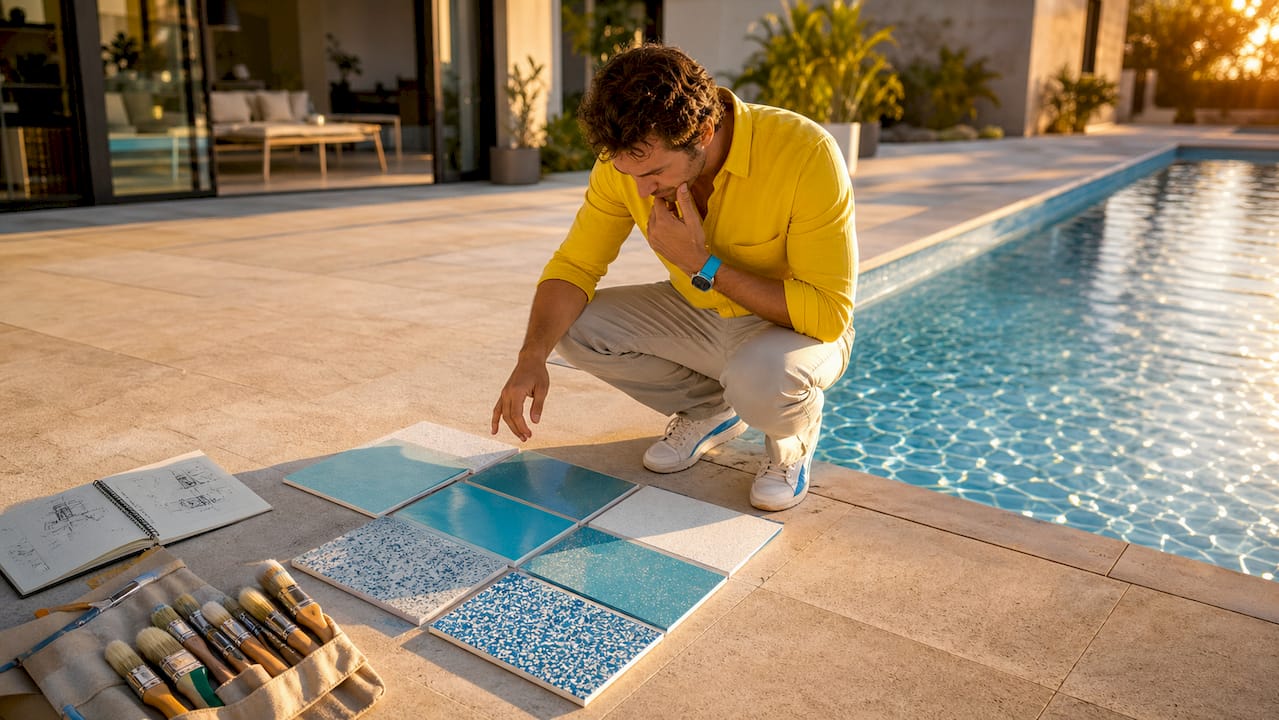 Hands choosing pool finish color samples