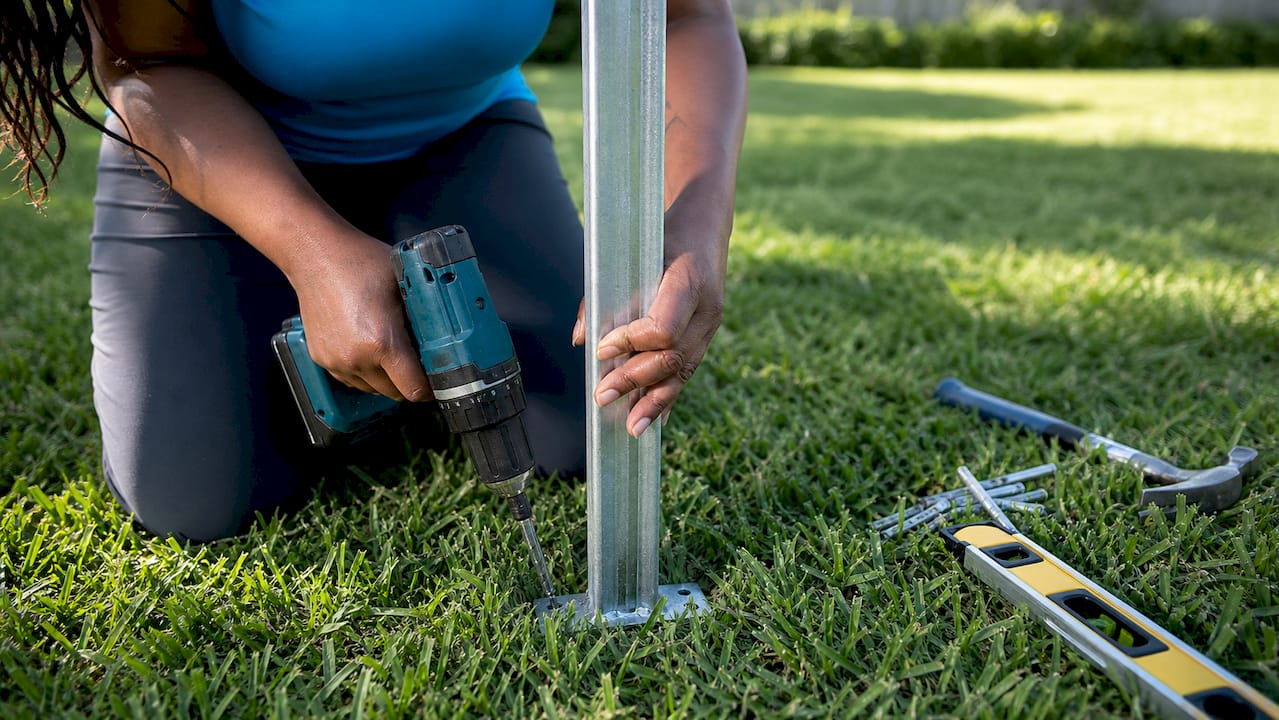 Hands using drill on fence post by pool