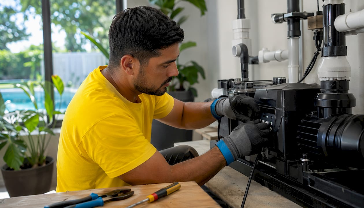 Technician adjusting variable-speed pool pump