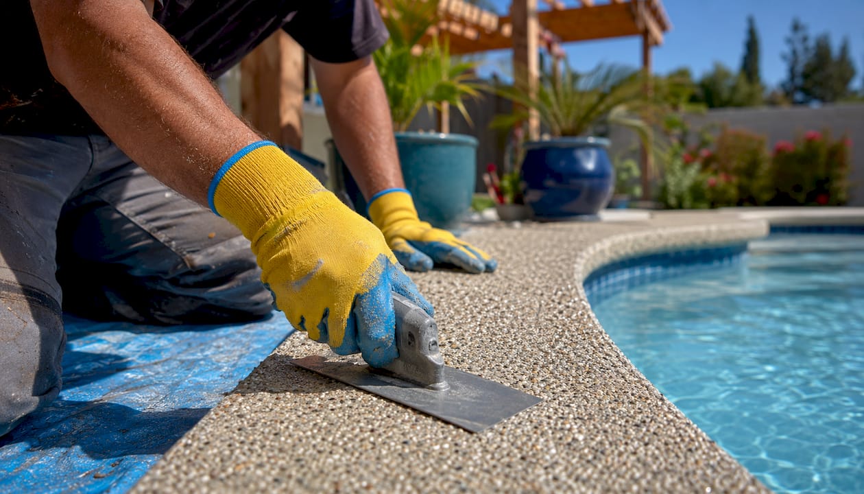 Hands applying eco-friendly aggregate pool finish