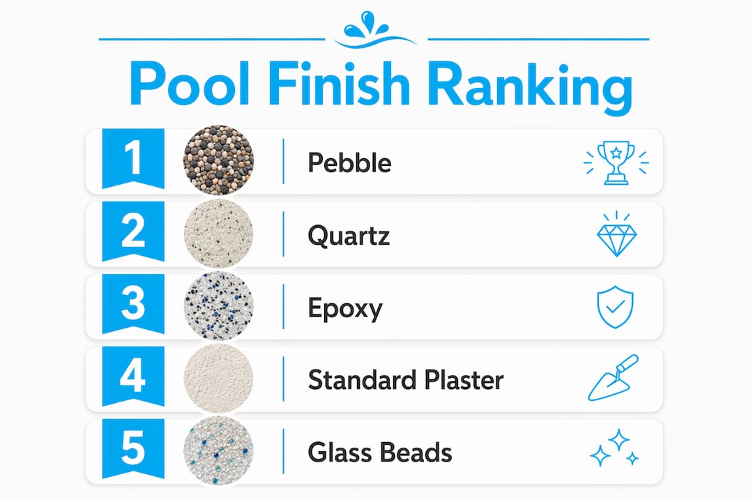 Infographic showing ranking of pool finish types by durability and cost