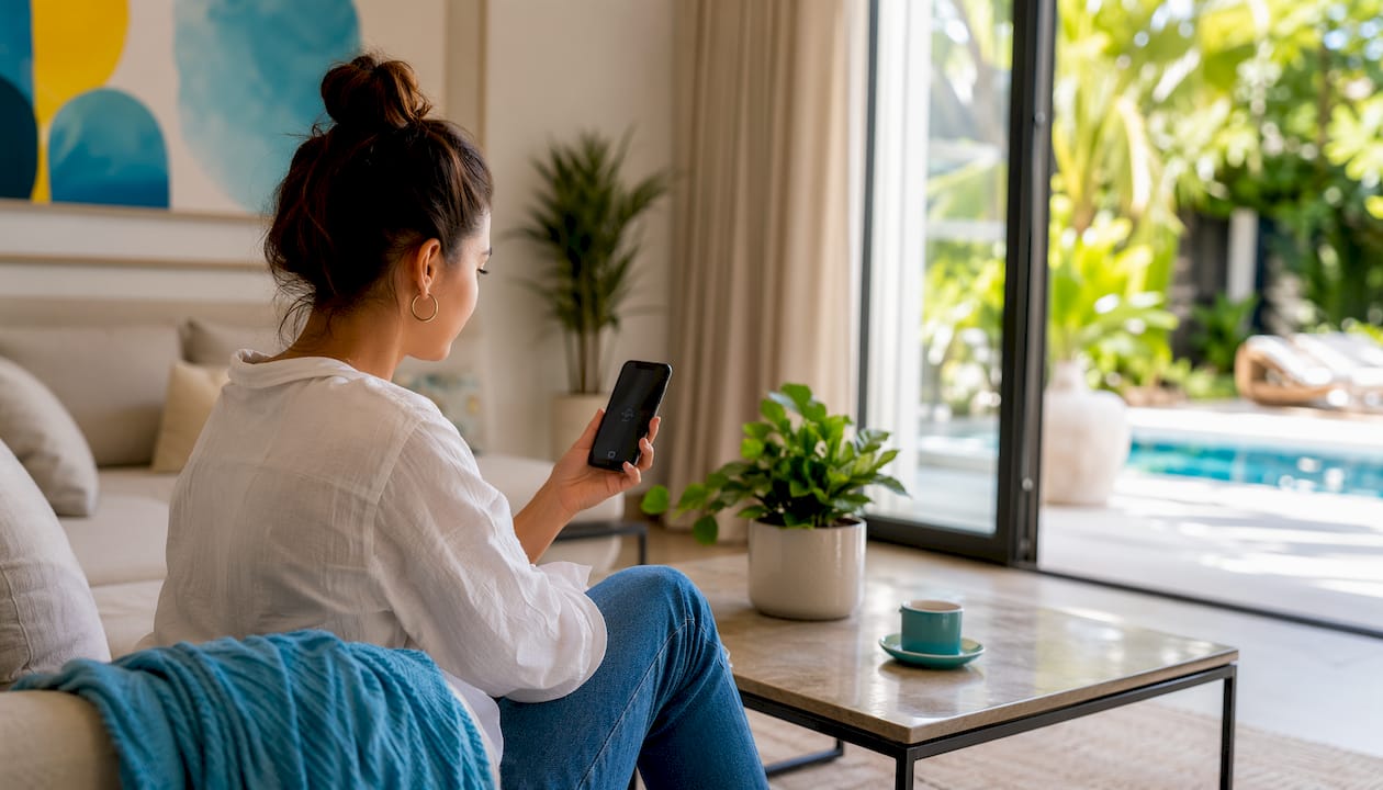 Woman using smartphone app for pool control