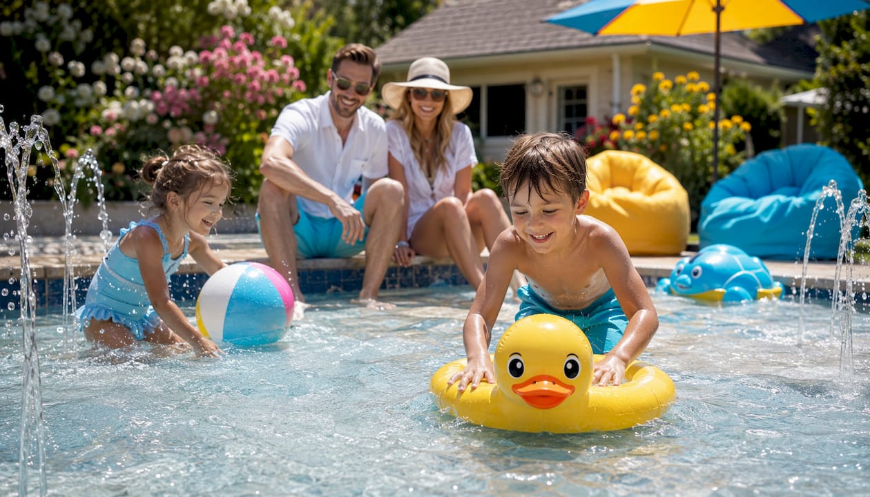 Family enjoying kid-friendly multi-feature pool
