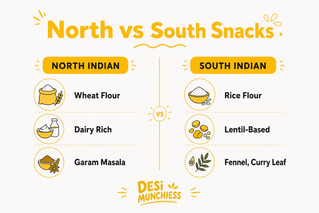 Infographic comparing North and South Indian snack traits