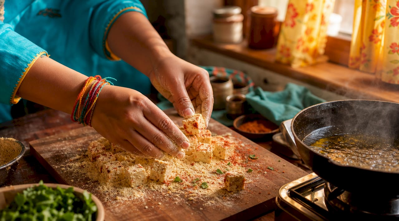 Hands dipping paneer cubes into batter