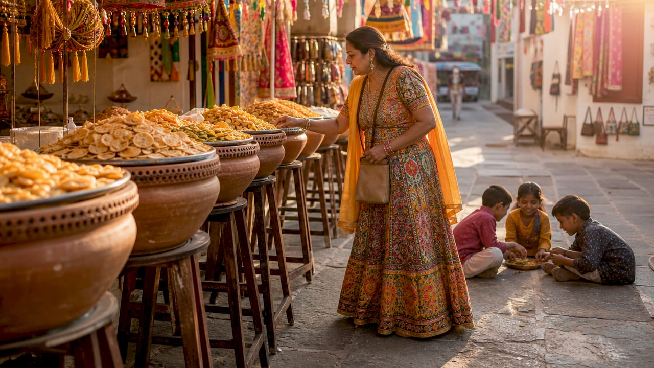 Colorful Indian street snack market scene