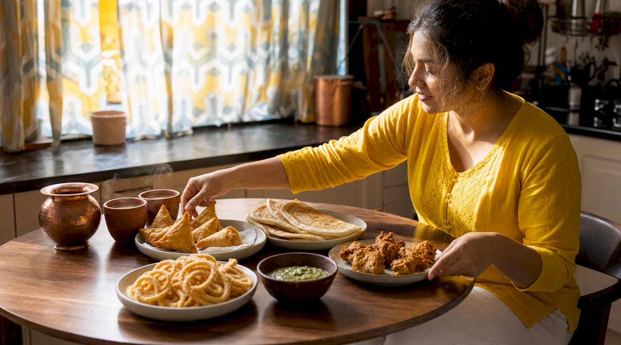 Woman setting up Indian snack tasting at home
