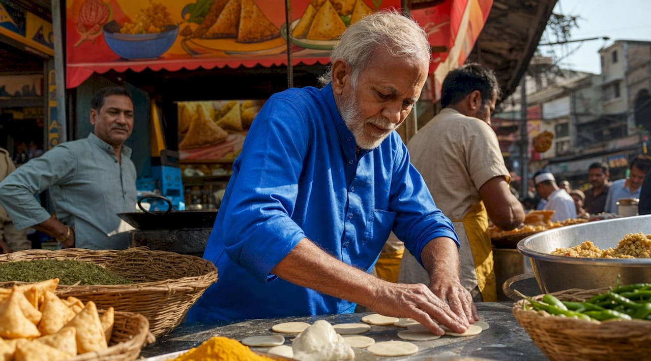 Elderly man preparing samosas in kitchen