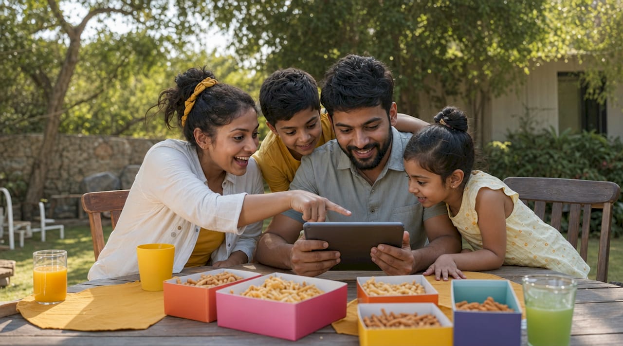 Family ordering snacks online at kitchen table