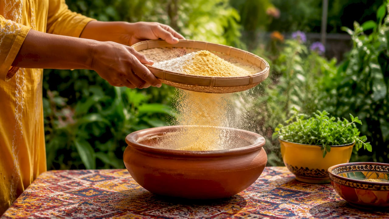 Hands sifting flour for Indian snack dough
