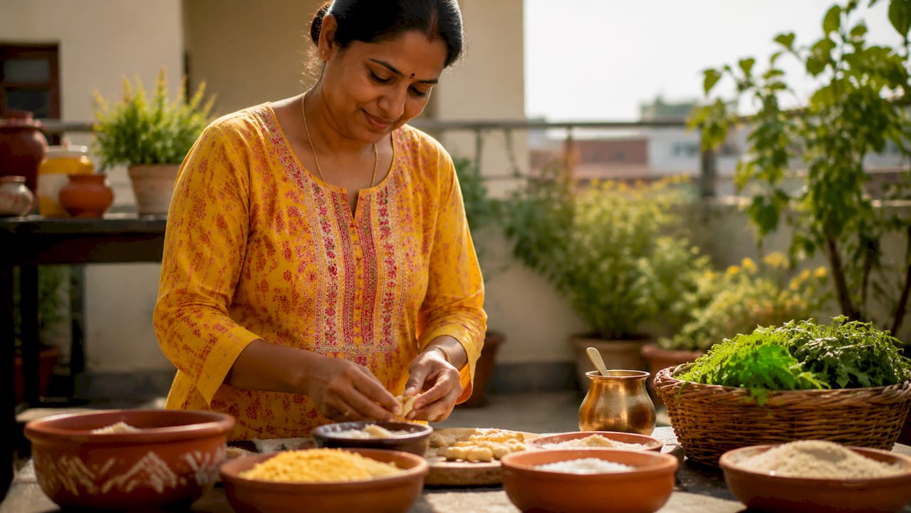 Cook kneading dough for Indian snacks in kitchen