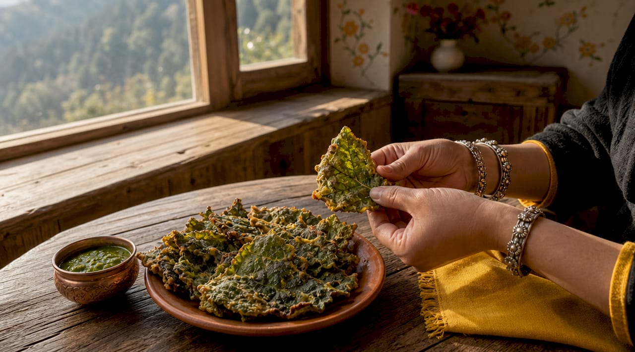 Close-up of Patharchatta leaf fritters on rustic platter