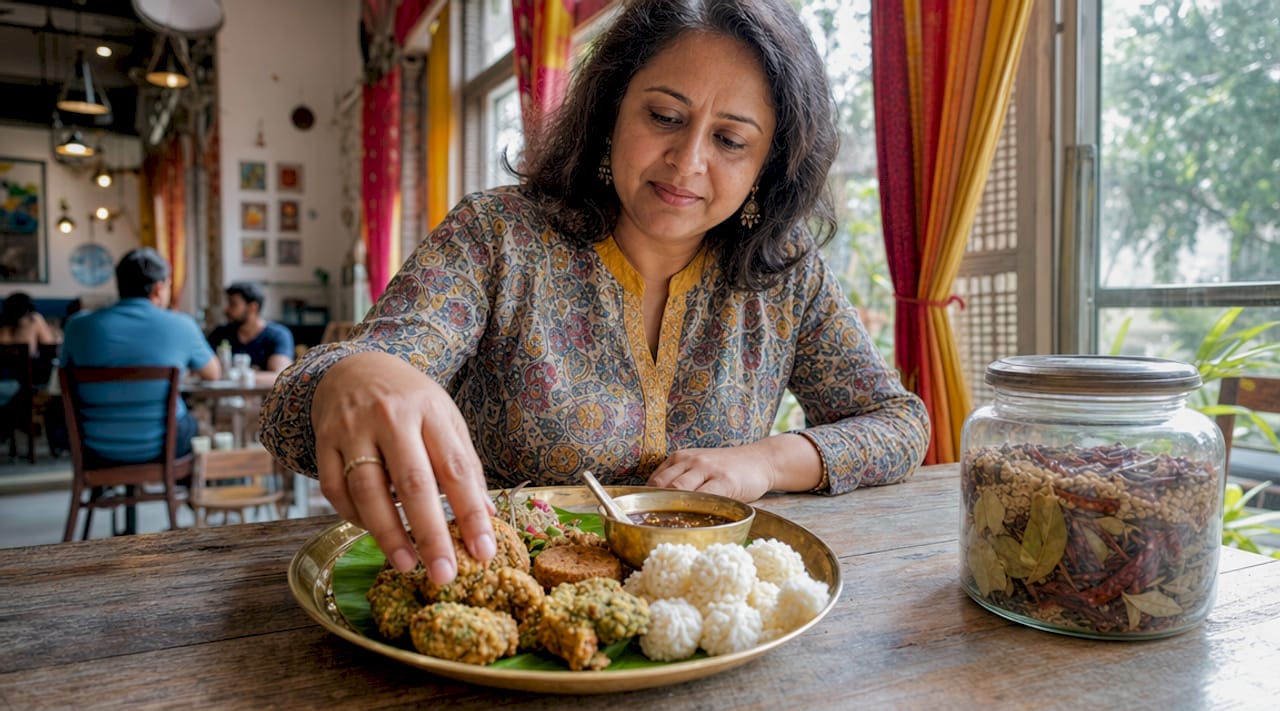 Woman exploring rare Indian snacks at home