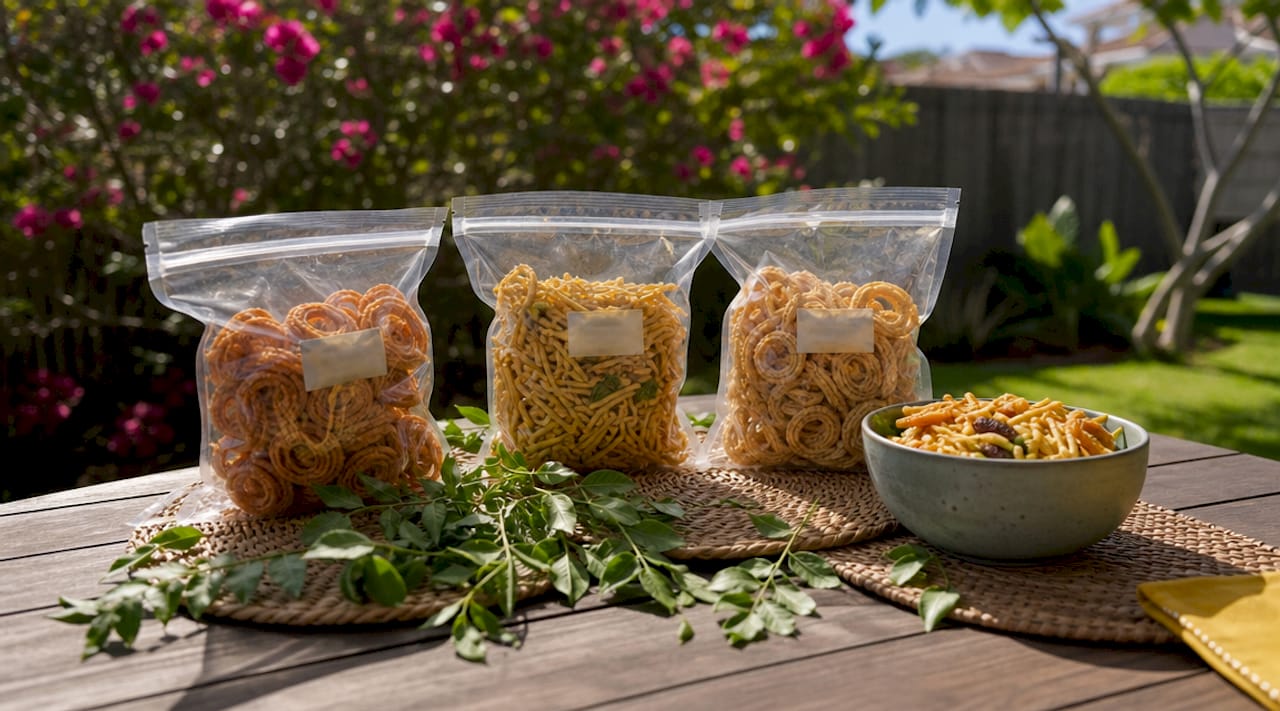 Homemade desi snacks in clear packaging on kitchen counter