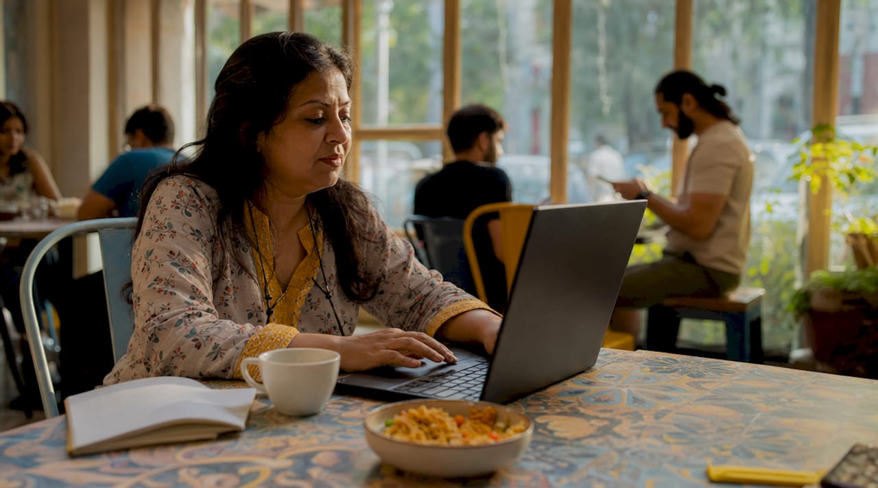 Woman researching desi snack online store on laptop