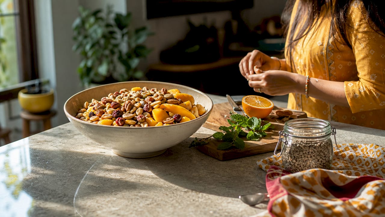 Bowl of balanced nutritious snack ingredients