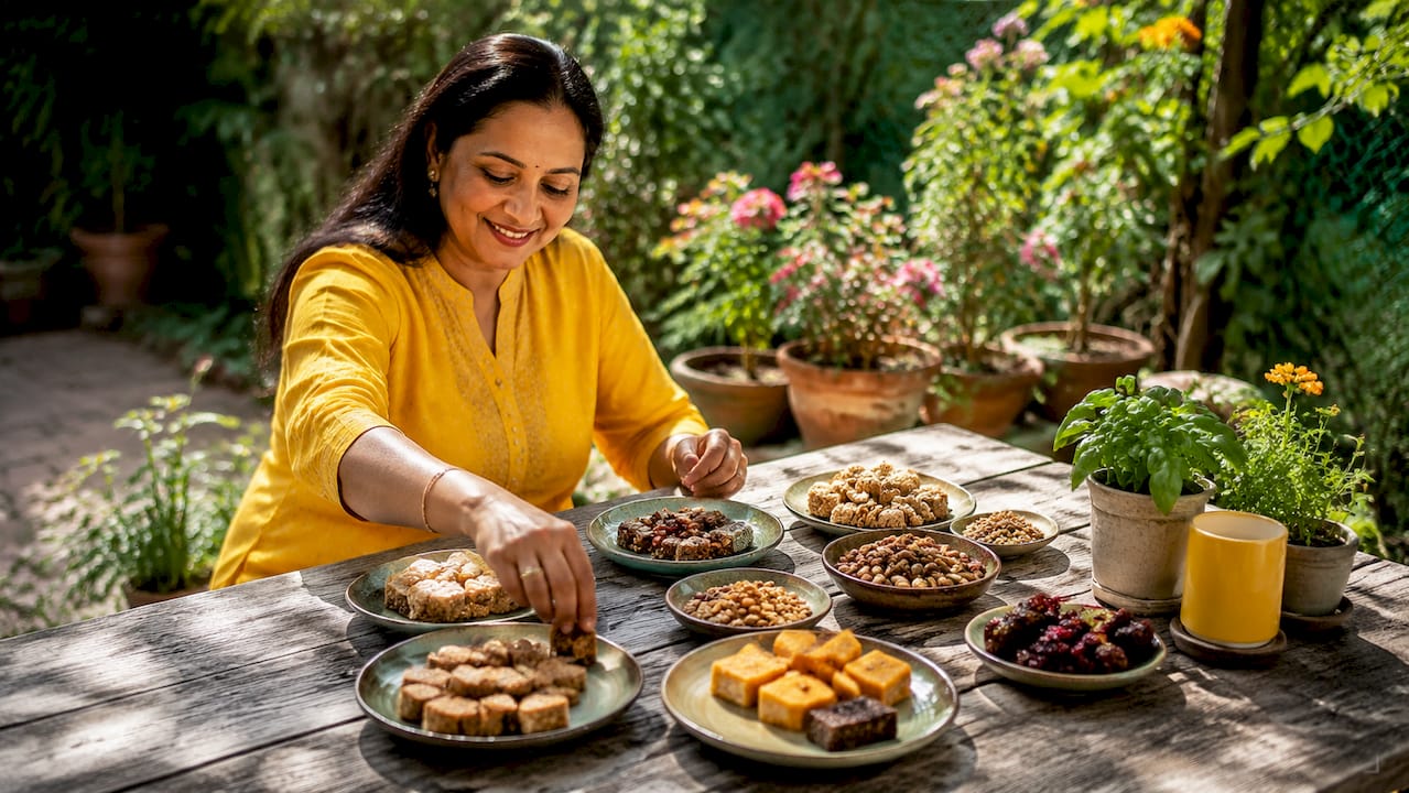 Woman arranging homemade preservative-free snacks on countertop