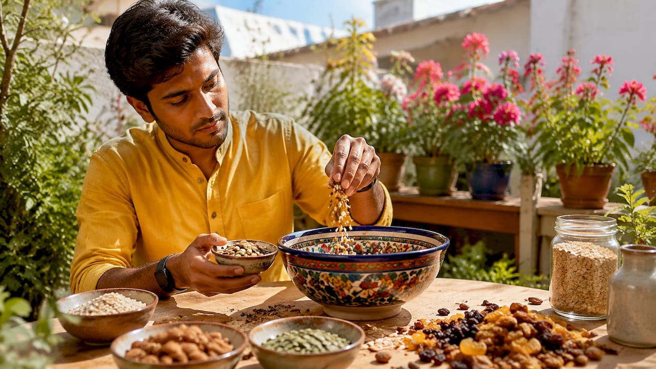 Hands mixing whole food ingredients for snacks