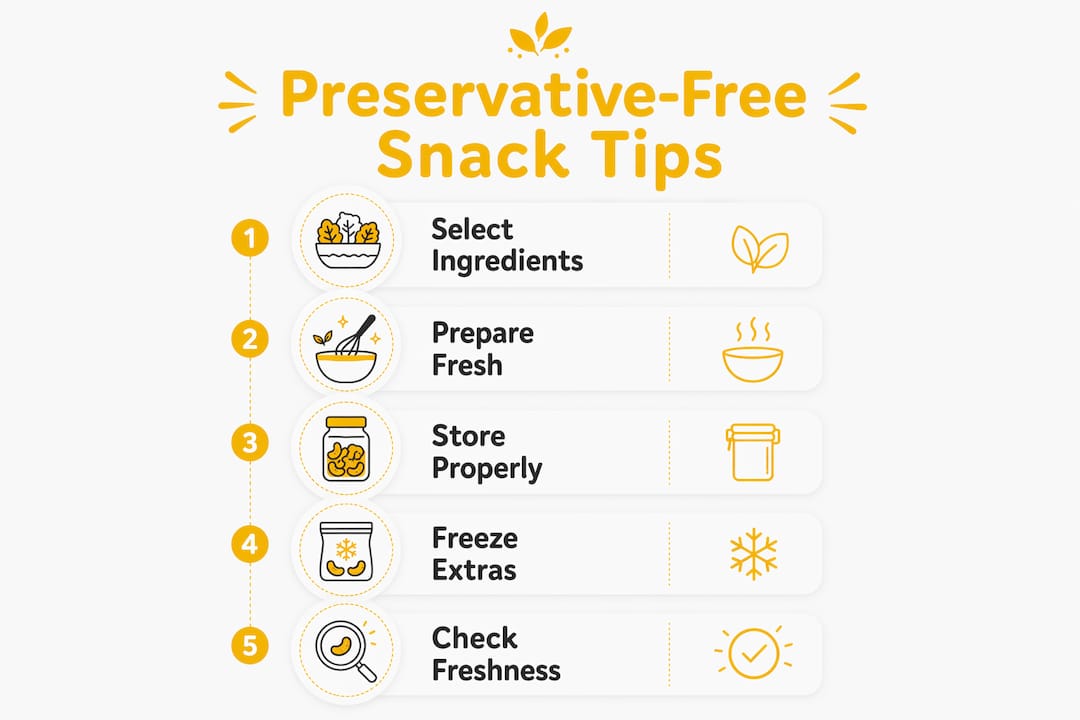 Infographic illustrating steps to prepare and store preservative-free snacks