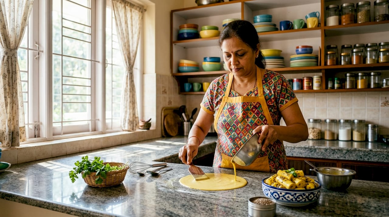 Home cook preparing traditional Indian snack Khandvi