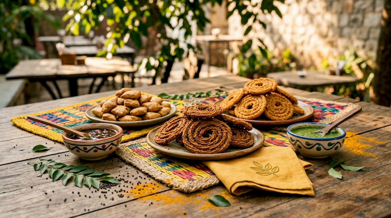 Assortment of regional Indian heritage snacks on table