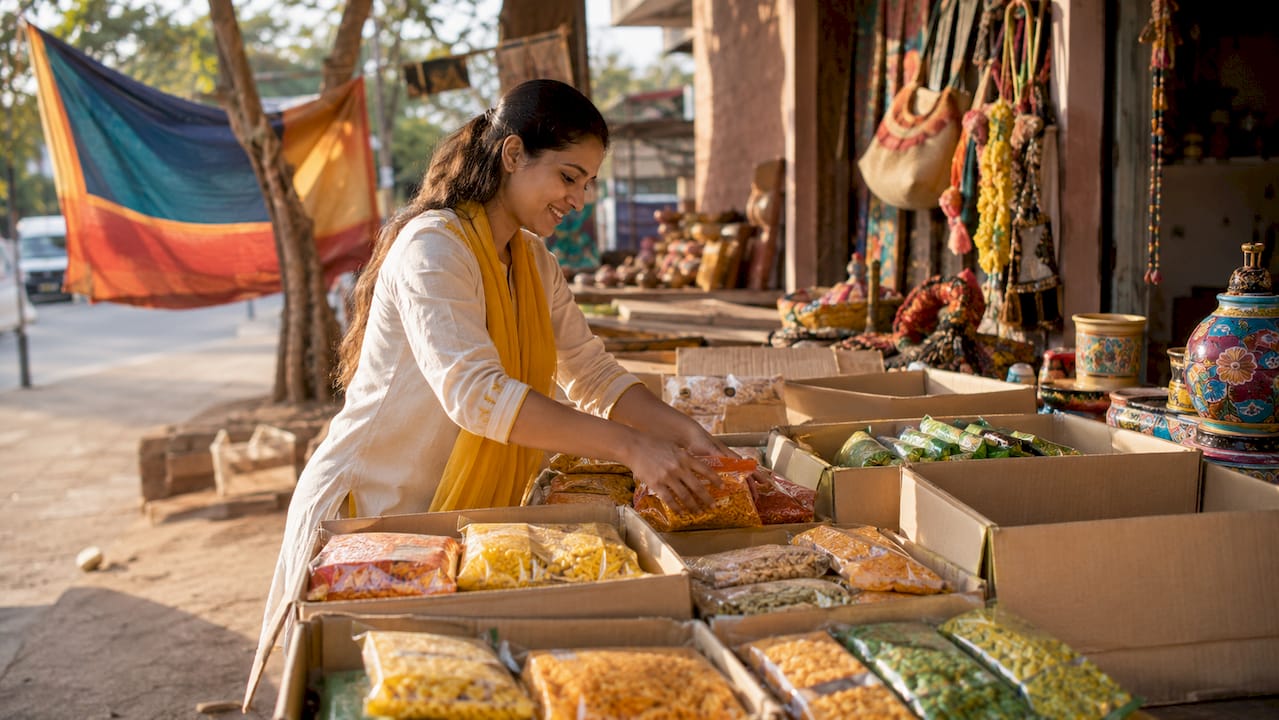 Woman unpacking bulk Indian snack order at home