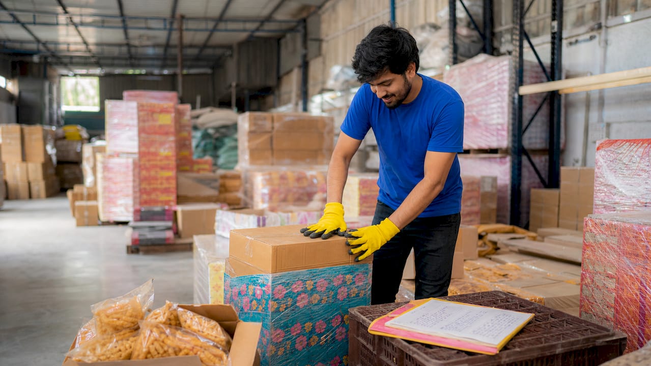 Warehouse worker inspecting bulk snack packaging durability