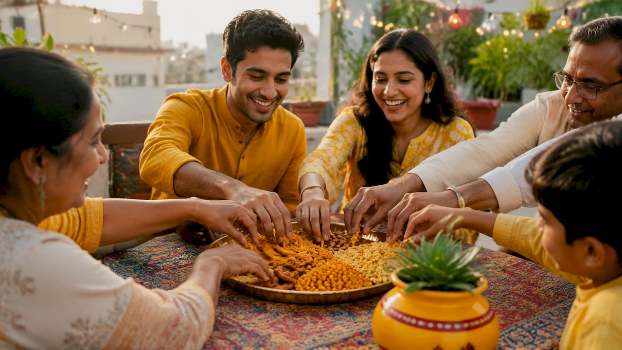 Hands sharing Desi snacks from steel dabba at family gathering