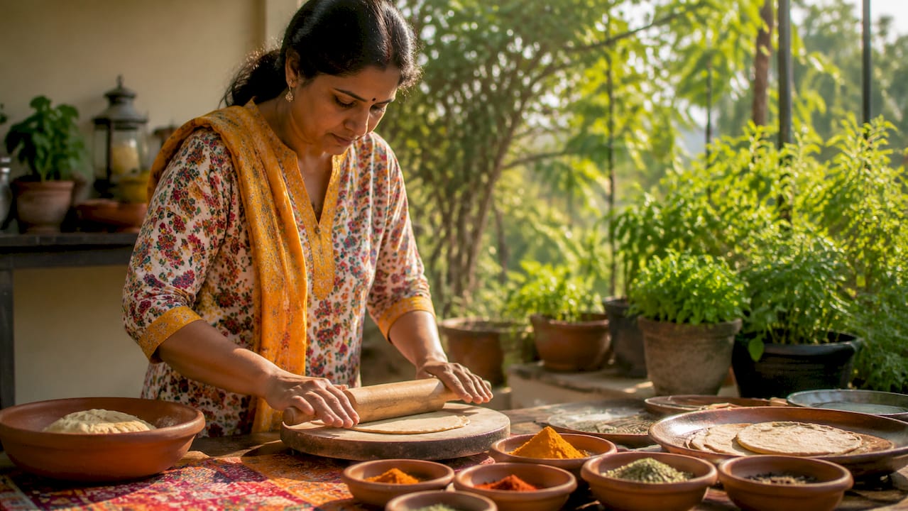 Woman preparing traditional Desi snack Mathri at kitchen table