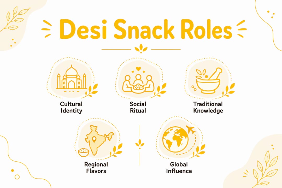 Infographic illustrating cultural roles of Desi snacks