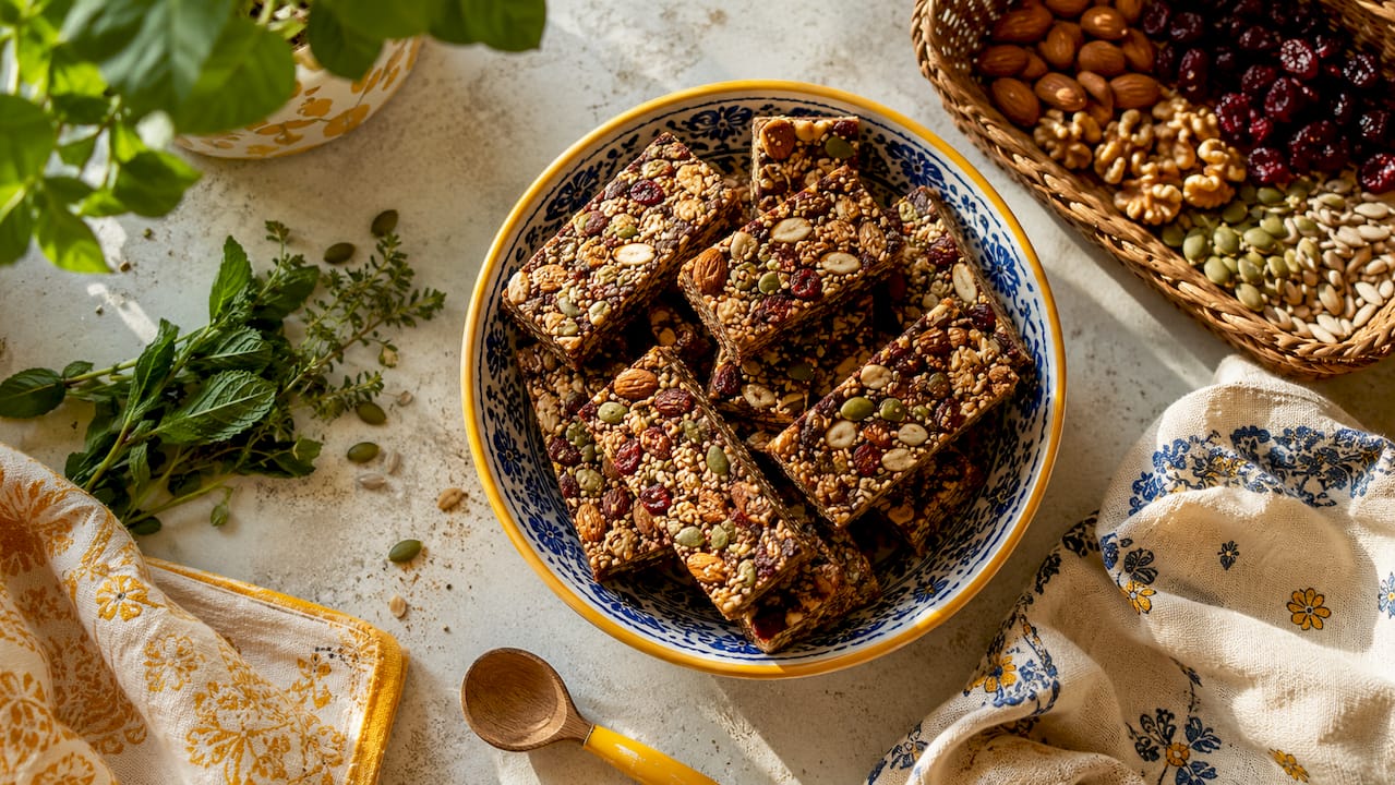Close-up of protein-rich homemade oat snacks