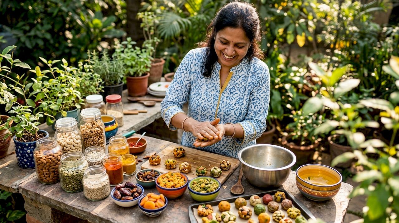 Parent assembling healthy homemade snacks