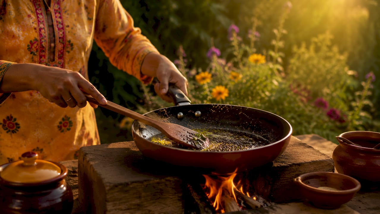 Hands stirring popping mustard seeds in pan