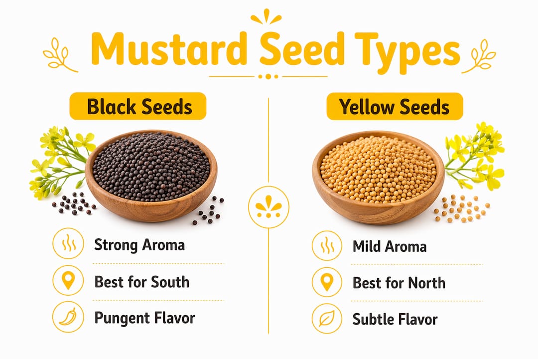 Infographic comparing black and yellow mustard seeds