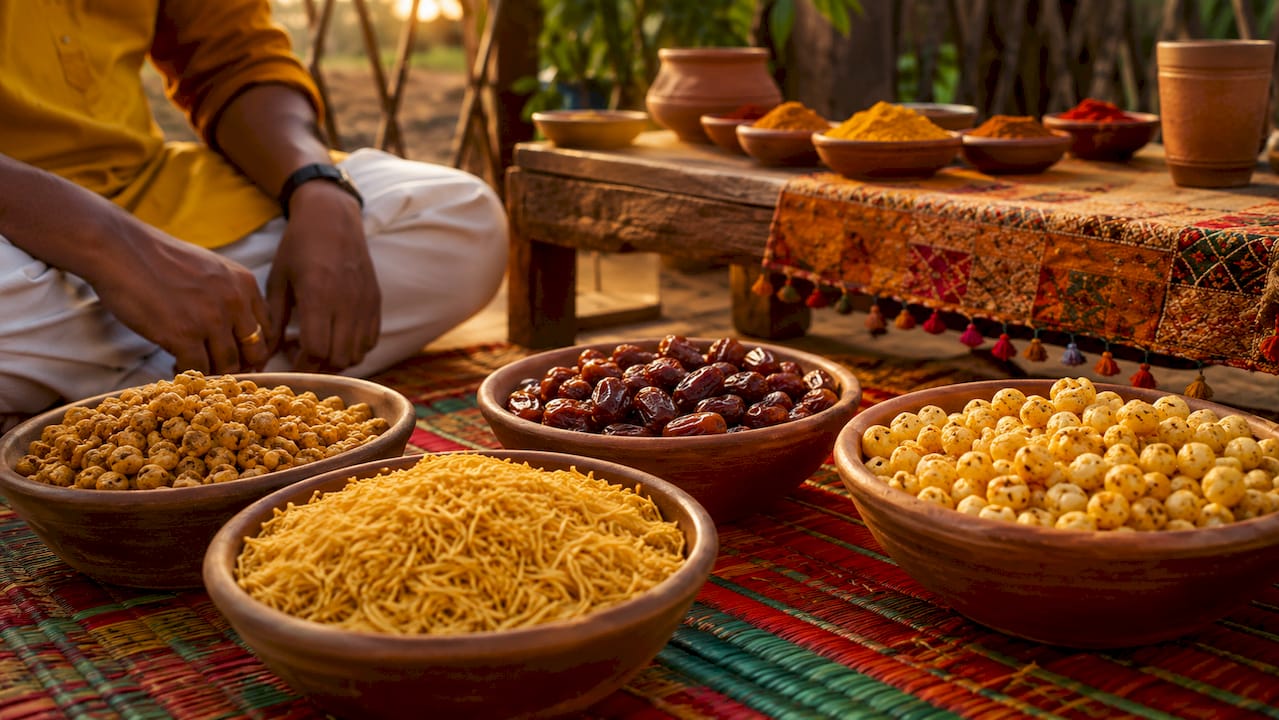 Variety of textured Indian snacks on outdoor table