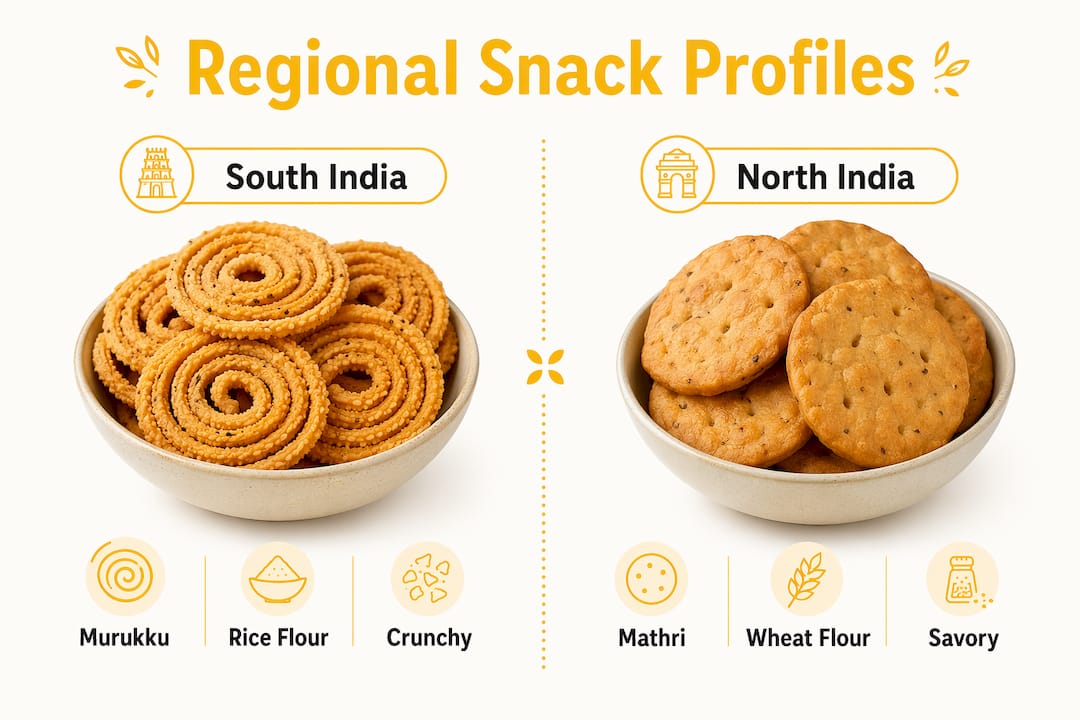 Infographic comparing South and North Indian snack profiles