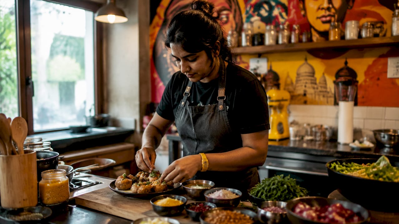 Home cook preparing fusion Indian snacks in kitchen