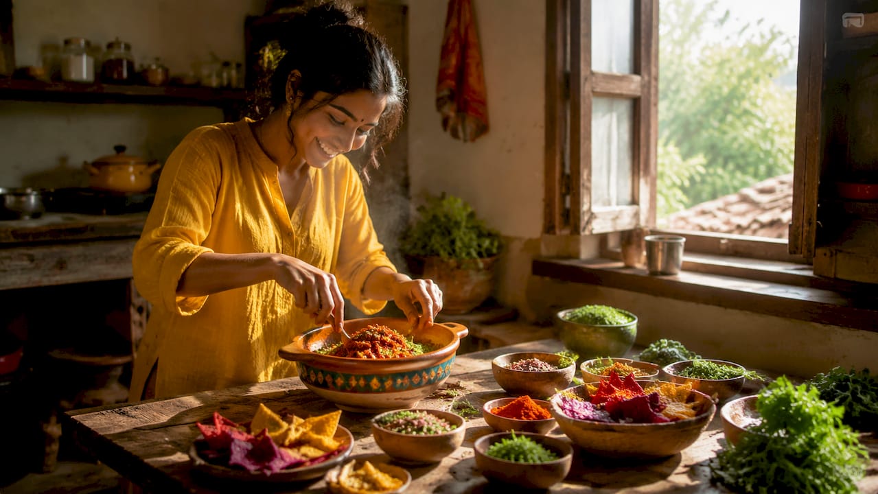 Hands mixing chutney for fusion Indian snacks