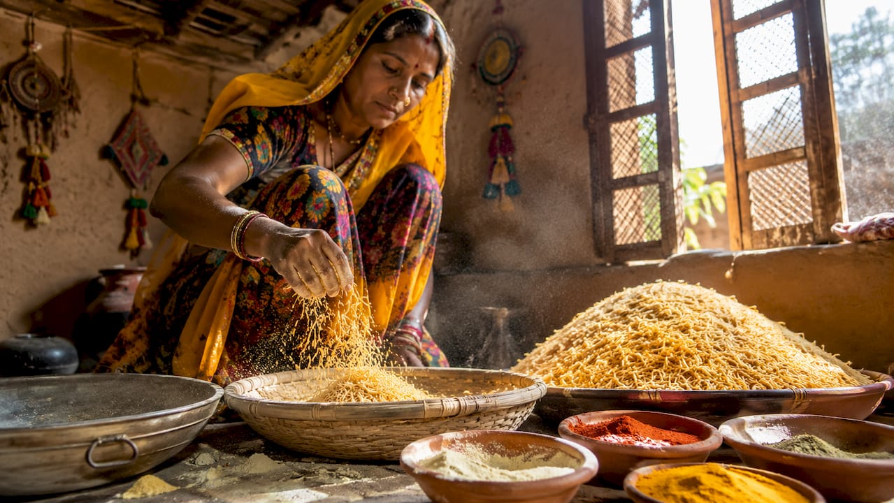 Artisan preparing traditional Bikaneri bhujia by hand