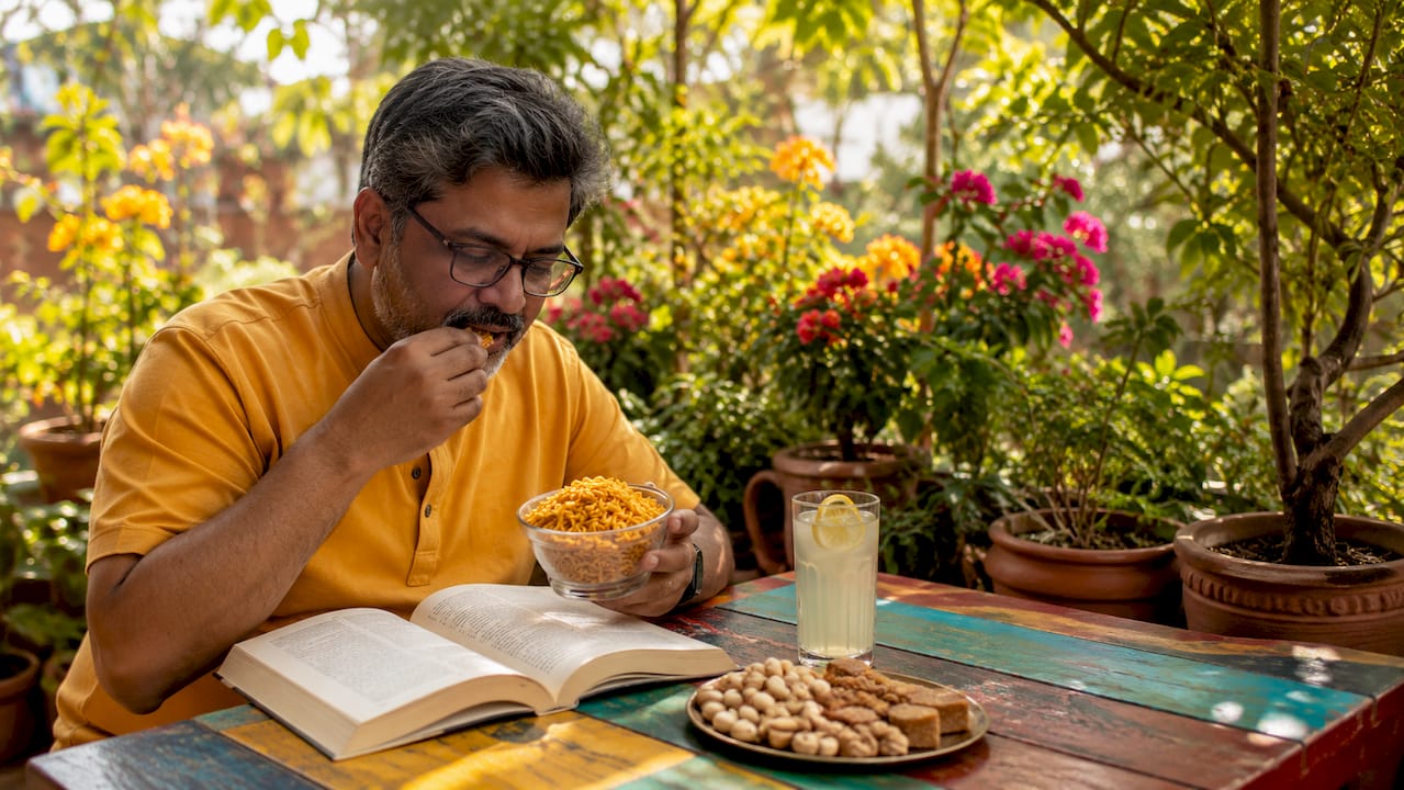 Indian man eating bhujia snack at home