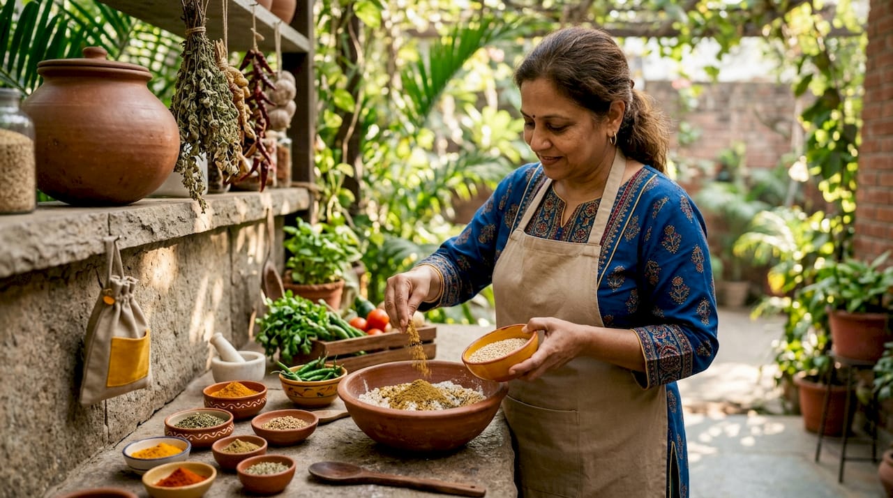 Woman preparing desi snack ingredients in kitchen