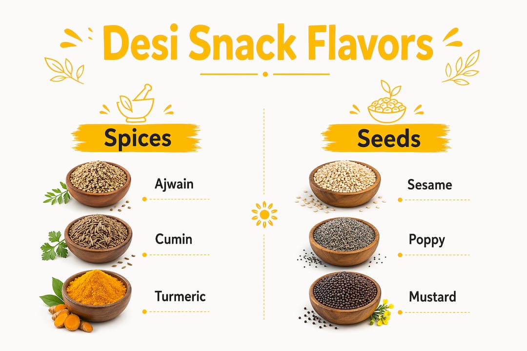 Infographic showing spices and seeds defining desi snack flavors