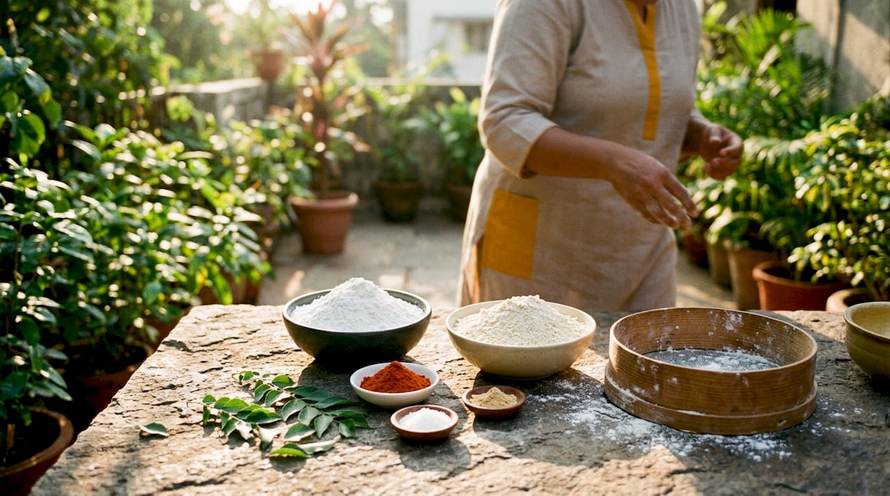 Close-up of murukku flours and spices on table
