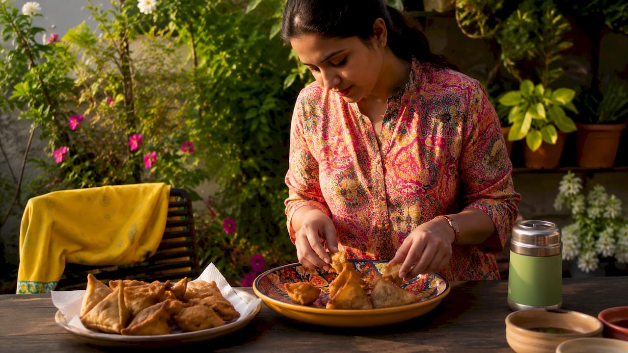 Person plating fresh samosas and pakoras