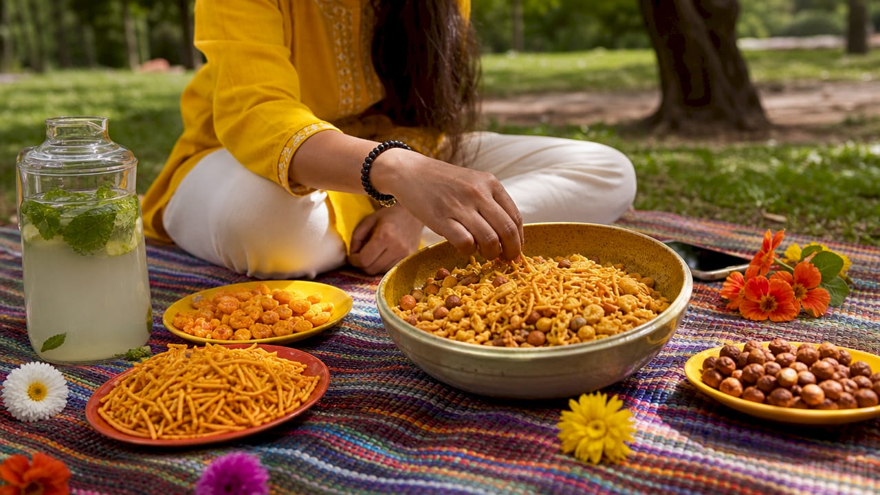 Ceramic bowl of assorted namkeen with chai tea