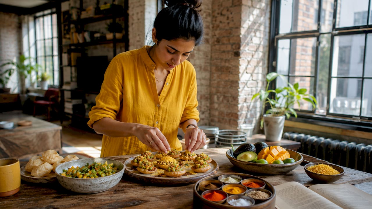 Woman preparing Indian fusion snacks at home kitchen