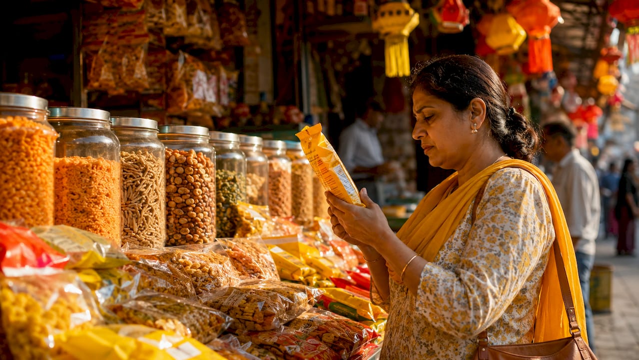 Woman inspecting Indian snack ingredients in store