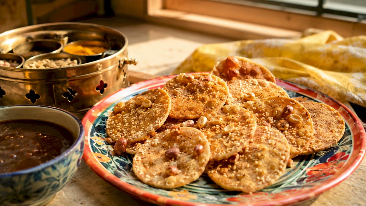 Close-up of crispy Nippattu Indian snack