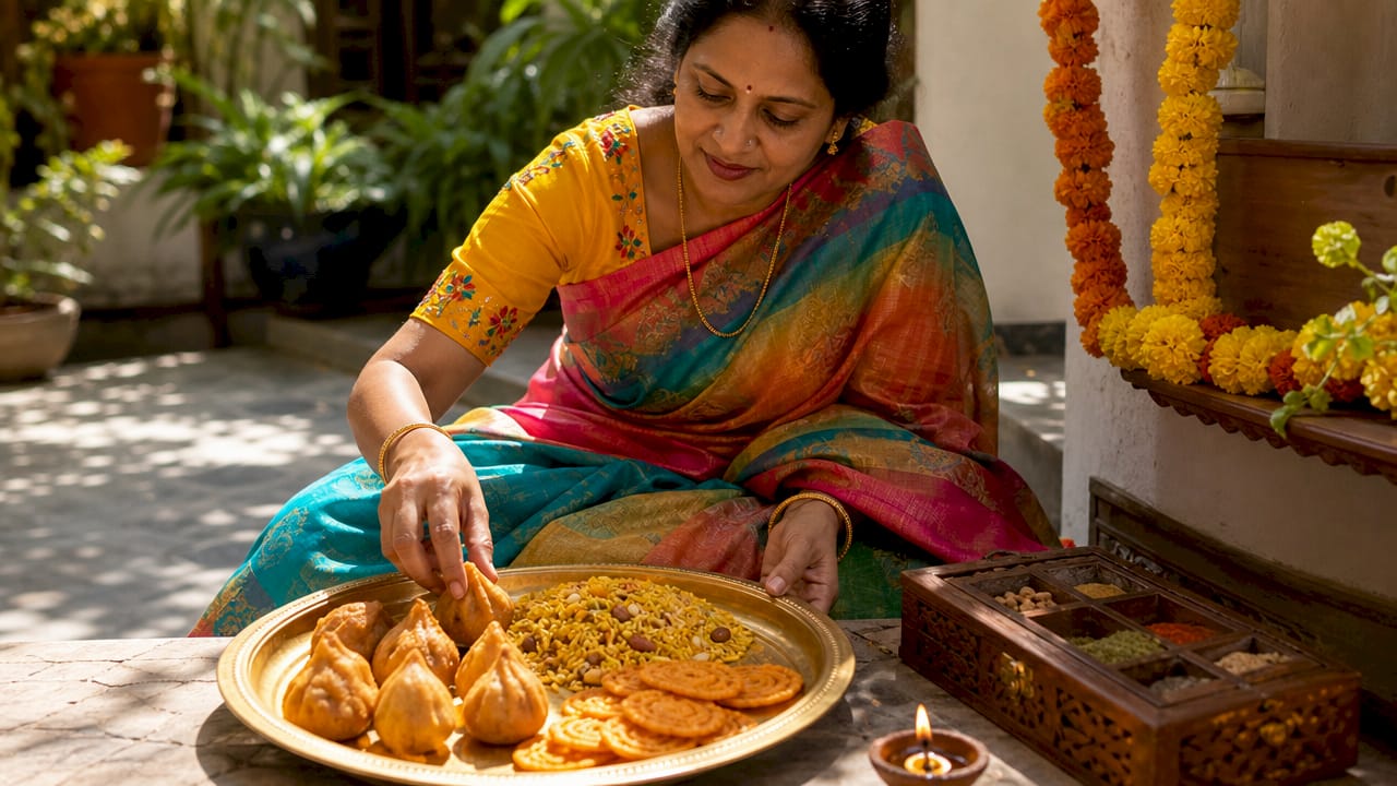 Woman arranging Indian festival snacks platter