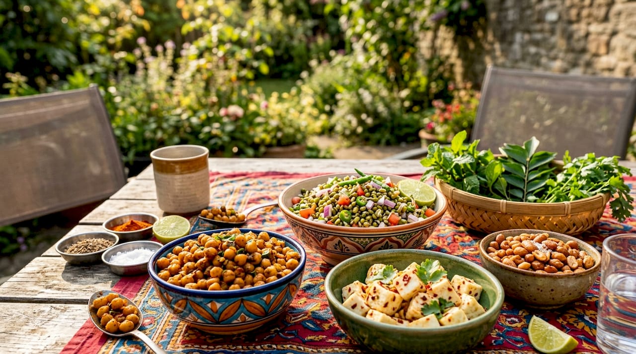 Assorted traditional Indian high-protein snacks on table